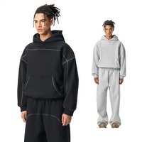 Ensemble deux pièces pour homme, automne, 350g, poids lourd, sweat à capuche court uni, pantalon de survêtement, hip hop, polaire, 100% fibre de bambou