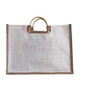 Wholesale mini cute square Eco-friendly Burlap Jute Tote Beach Shopping Bag with wooden handle