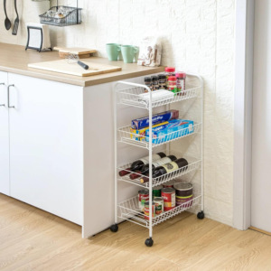 Chariot de rangement roulant à 4 niveaux Métal Acier Installation facile Caractéristique pliante Organisateur Cuisine Maison Vaisselle <span class=keywords><strong>Micro</strong></span>-<span class=keywords><strong>ondes</strong></span> Conception OEM - Product Image 6