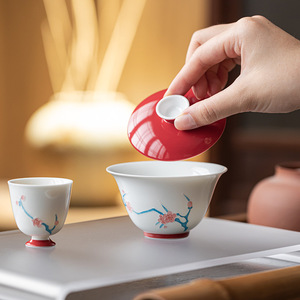 Guanlan Double Layered Covered <b>Teacup</b> Red Glaze Porcelain Plum Blossom Design Gaiwan For Kung Fu Tea Set - Product Image 1