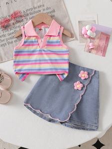 Completo da <span class=keywords><strong>bambina</strong></span> 2026 in stile western: Top a righe con risvolto e pantaloncini in denim con orlo floreale ricamato irregolare - Abbigliamento per bambine - Product Image 1