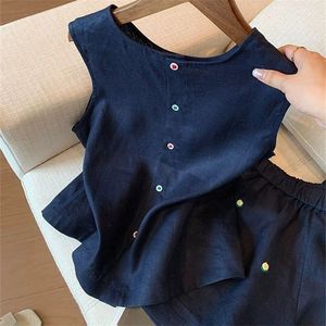 Women's Navy Blue Sleeveless Top And Shorts <b>Set</b> Cotton <b>Linen</b> Breathable Casual Two Piece Outfit - Product Image 2