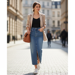 Jupe mi-longue en jean sirène taille haute pour femme |   100% Coton, Lavage Vintage Moyen, Design à Fentes, Mode Urbaine - Product Image 5