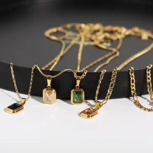 Dainty Emerald Gemstone Pendant Necklace Birthstone Layered Handmade 18k Gold Plated Stainless Steel Jewelry Crystal Necklace