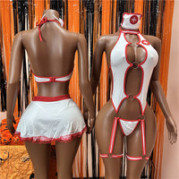 Jiubaju Halloween Naughty Nurse Uniform Sexy Cosplay Lingerie Women Underwear Exotic Halter Cami Top Bow Skirt Thongs Set
