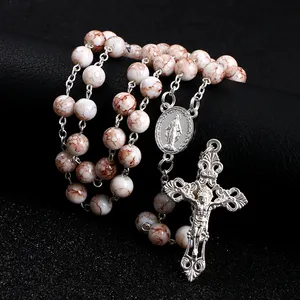 Hot Sell Rosary Glass Beads Necklaces Jesus Virgin Mary Catholic Religious Rosary Necklace for Pary