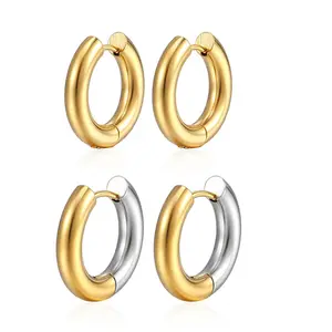 Wholesale Custom Thick 4.0mm High End Polished 18k Gold Plated Stainless Steel Two Tone Huggie Hoop Earrings for Women