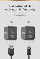 NIUBAILE Chargeur rapide USB Type-C 45W PD 3.0/FCP/QC2.0, design pliable, matériau ABS écologique, sortie 5V/3A 9V/2A pour mobile