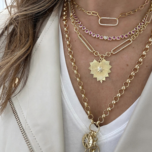 Colgante de <span class=keywords><strong>Starburst</strong></span> estriado grande, joyería de plata de ley 925 para mujer, collar de corazón elegante chapado en oro CZ - Product Image 2