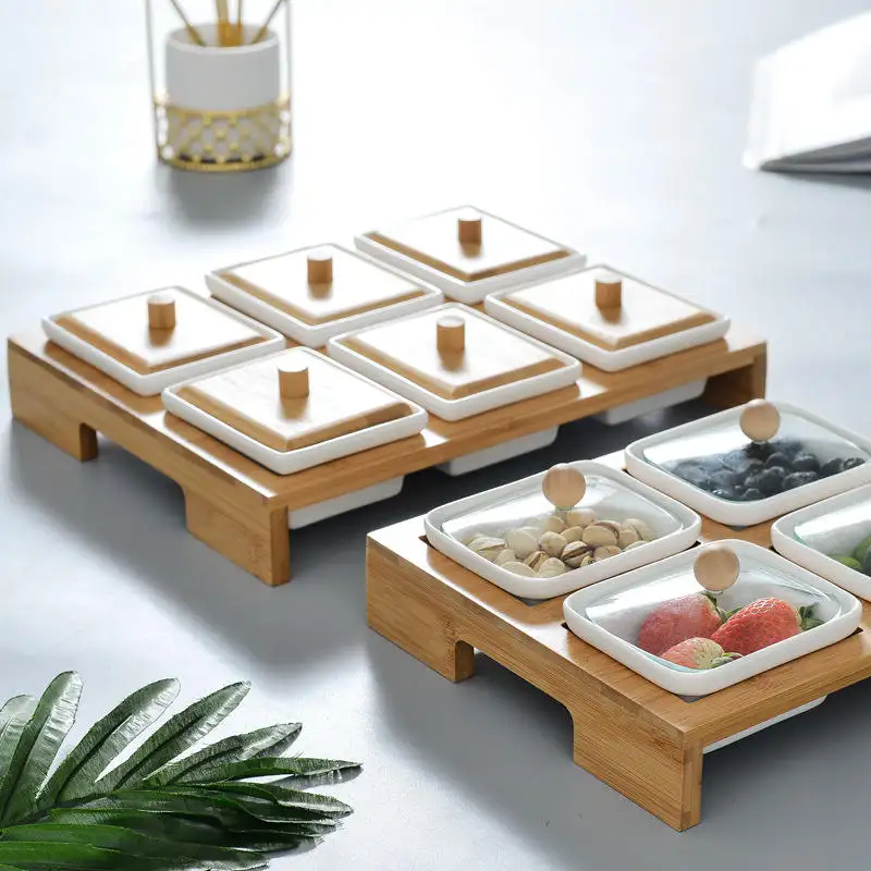 Plateau de fruits secs en bois de style japonais simple avec couvercle plateau de collation en céramique plateaux de service de décoration de fruits secs pour le ménage