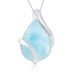 Tear Drop Sterling Silver Top Natural Stone Oval Shape Silver Macrame Larimar Pendant Necklace With Larimar For Jewelry Making