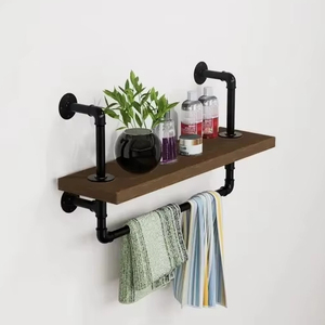 Estante de pared de tubería industrial con toallero estante flotante de madera rústica para baño, cocina o almacenamiento de entrada decoración de granja - Product Image 1