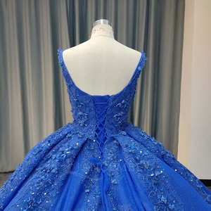 Vestido de Fiesta Largo ANY230 con Cuello Cuadrado Brillante, Apliques de Flores en Azul Rey, Cuentas y Cristales, Cintura Natural - Product Image 6