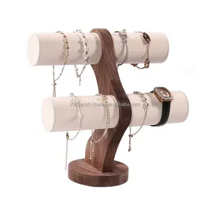 Groothandel 2 Tier Fluwelen Gepersonaliseerde Display Armband Commerciële Luxe Houten Sieraden Horloge Rekwisieten Stand Voor Parel Set