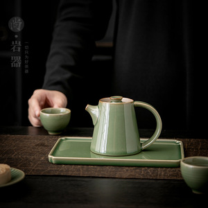 Plateau à thé en céramique rectangulaire, petit, en bambou, glaçure verte, fait à la main pour service à thé Kung Fu - Product Image 3