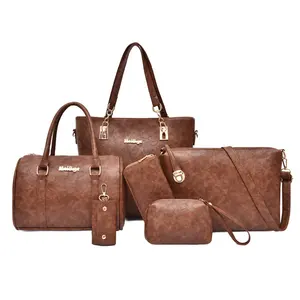 2022 Großhandels preis 6pcs Handtaschen Set Frauen Schwarz Vegan Leder Reisetasche Frauen Handtasche Handtasche Sets für täglich