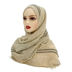 Wholesale Muslim Voile Striped Head Scarfs Muslim Veil Whisker Kuffiyeh Jersey Cotton Turbans Hijab Tassel Shawl For Ladies