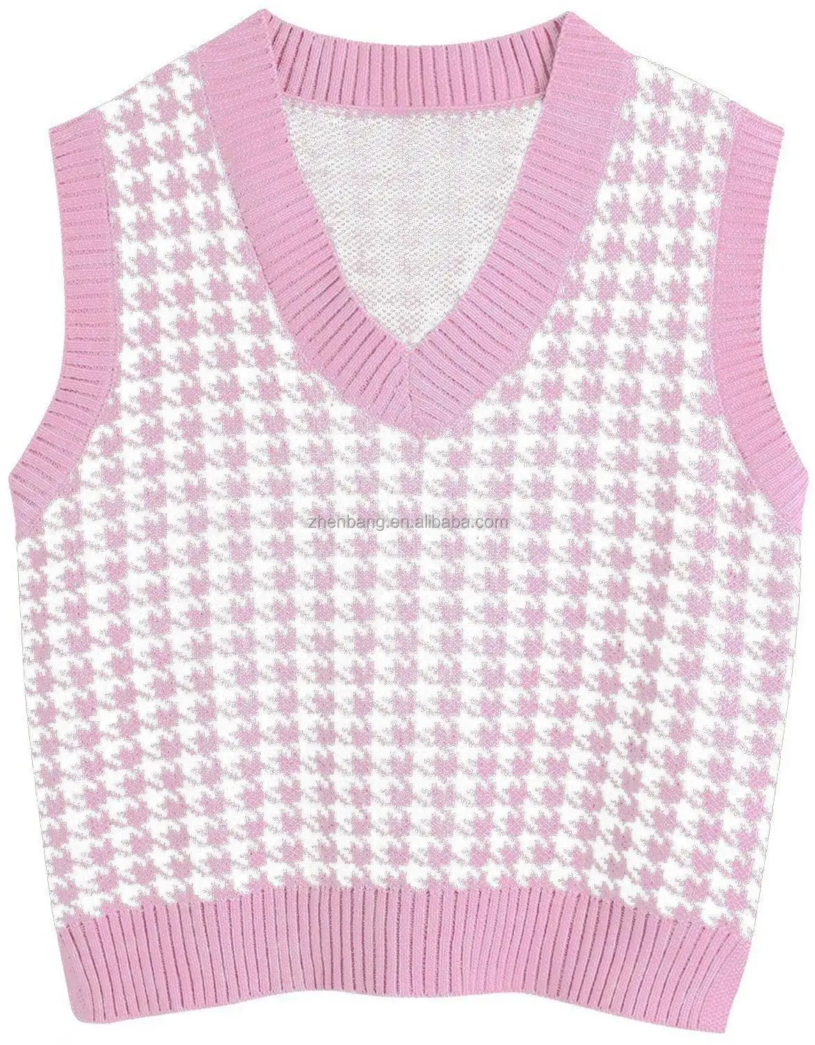Hot Selling Korean V Neck Sleeveless Autumn Winter Jumper Knitted Pullover Loose Tops Women Houndstooth Winter Vest Sweater