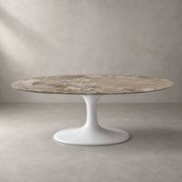 Table à manger ovale moderne de luxe, plateau en marbre brun viola naturel, piédestal en fibre de verre blanc brillant, utilisation hôtelière, personnalisable