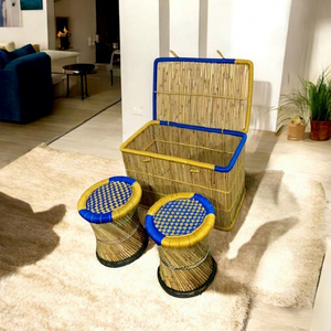 Elegante Otomana Sarkanda de Bambú, Reposapiés Indio Muddha, Taburete con Cesta de Almacenamiento, para Sala de Estar, Jardín, Apartamento Ecológico - Product Image 1