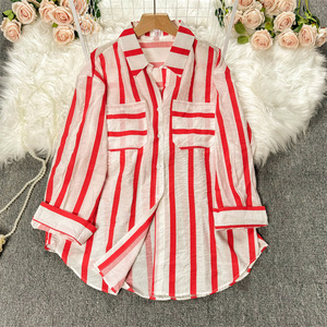 Diskon besar musim gugur baru mantel garis vertikal panjang kemeja wanita Korea kasual kerah longgar serbaguna blus wanita 2024 - Product Image 2
