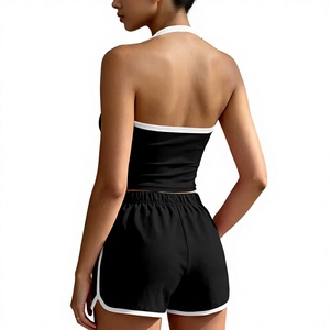 Women 2-Piece Sleeveless Halter Crop Top Shorts Set Striped Breathable Sporty Regular Fit Knitted Fabric Spring Summer Wear - Product Image 4