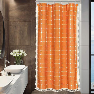 Boho Tassel Chic Modern Farmhouse Check Rideau de douche en coton épais et lin imperméable pour salle de bain - Product Image 3