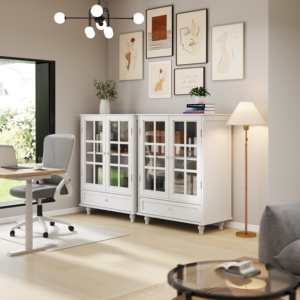Minimalist White Buffet Cabinet with Double Glass Doors and Drawer Modern Wooden <b>Storage</b> Sideboard for Living Room - Product Image 6