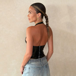 Chaleco de cuero PU con cuello en V, sin espalda, con cremallera, color liso, estilo minimalista, estilo motociclista, sexy. - Product Image 3