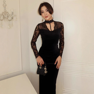Robe de soirée pour femme en velours noir, dentelle, manches longues, col haut, dos nu, superposition transparente, robe de soirée formelle - Product Image 1
