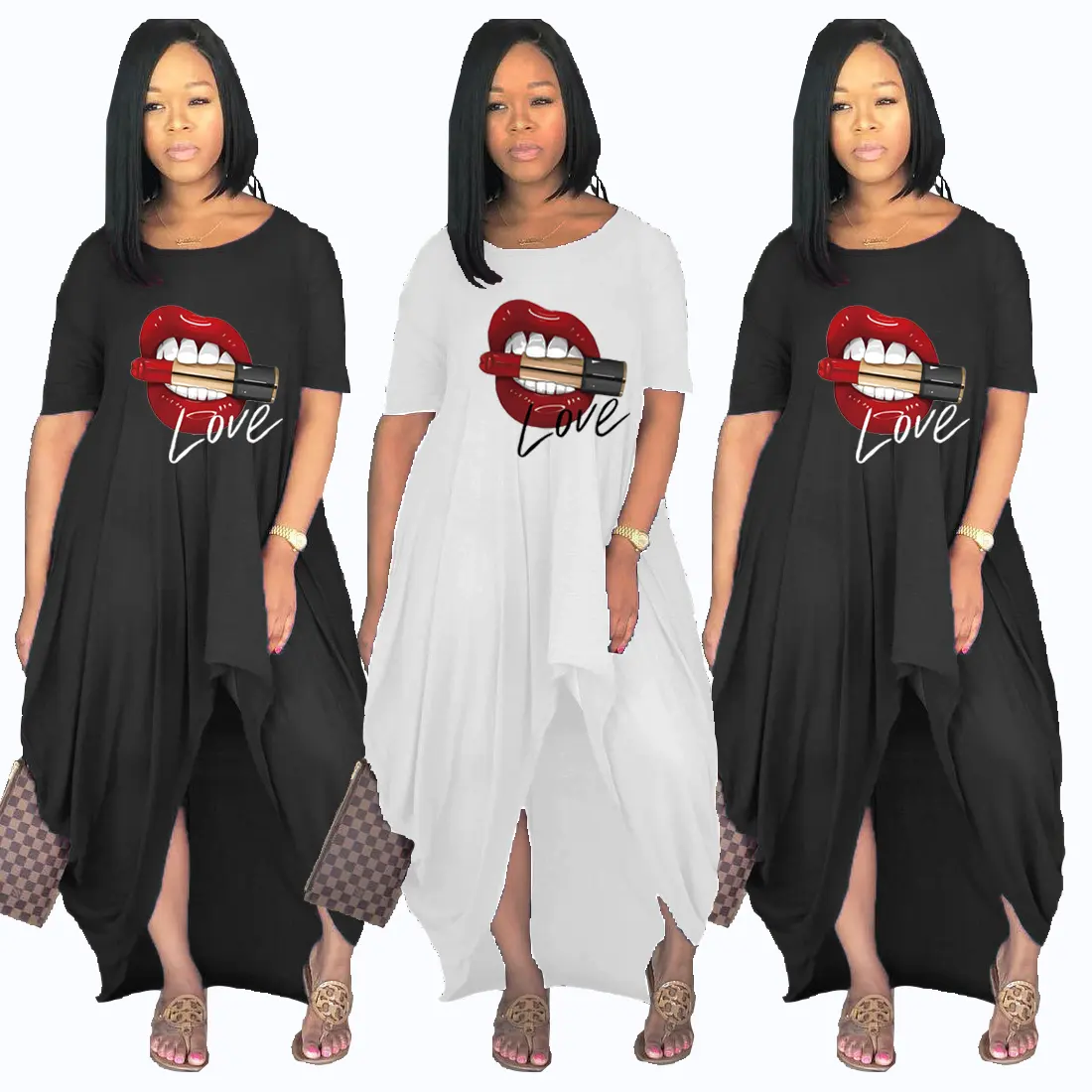 2022 Trend Summer Maxi Dresses Women Lovely Casual O Neck Love Lip Print Loose Fit Ankle Length Plus Size Dress