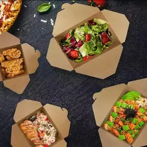 Boîtes en papier Kraft de 800ml à emporter, boîtes d'emballage de déjeuner jetables pour Restaurant