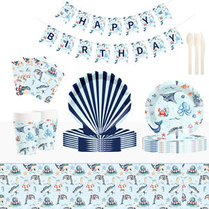 DAMAI - Platos, Vasos y Servilletas Desechables de Papel con Diseño de Conchas a Rayas Azules y Azul Oscuro para Fiestas de Cumpleaños - Product Image 1