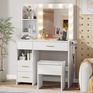 Coiffeuse moderne en bois avec miroir éclairé par LED, étagères de rangement, grands tiroirs, tabouret de rangement, prise de courant, <span class=keywords><strong>chambre</strong></span> à coucher - Product Image 1