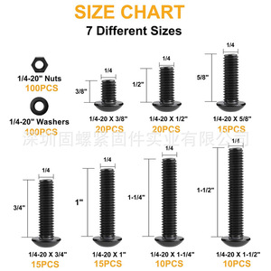 305Pcs American Standard Black Pan Head Hex Socket Screws With Nuts And Washers 1/4-20 Thread Size Industrial Grade - Product Image 2