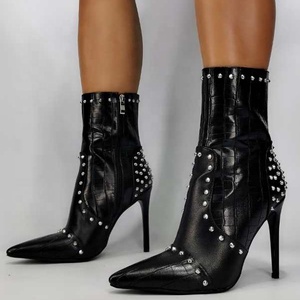 Stone Print Rivets Large Size 43 Ornament Side Zip Women Ankle Boots Thin High Heel Women <b>Shoes</b> Pointed Toe Ladies Short Booties - Product Image 1