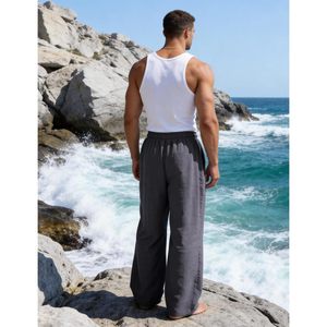 FOXA Mens Casual Pants Straight Leg Elastic Waist <b>Drawstring</b> <b>Trousers</b> With Pockets Breathable Cotton Fit - Product Image 4