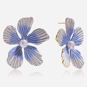 Flower <b>Stud</b> <b>Earrings</b> <b>Blue</b> Pearl Inlay Stainless Steel Everyday Wear - Product Image 1