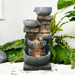 מזרקת מים לגינה בעיצוב מדורג עם 5 קערות, אבנים מדורגות, תאורת לד, סיטונאי - Product Image 1