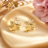 Boucles d'oreilles feuille de ginkgo femme, acier inoxydable plaqué or 18K perle imitation