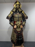Vestes et Manteaux de Guerrier Chinois Ancien avec Chaîne Dorée, Bordure Noire et Rouge, Plume Rouge, Casque Doré pour Hommes