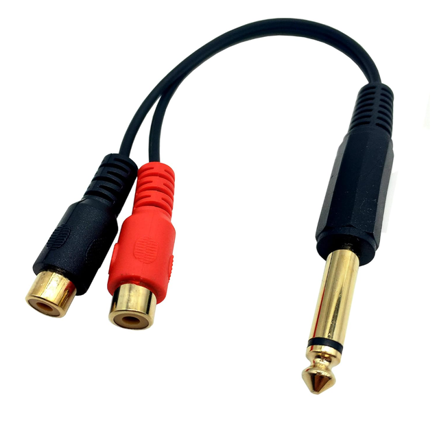 Gold Plated 1/4 Inch Mono TS Male to 2 Dual RCA Female Plug Y Splitter Adapter Cable - 8 Inch