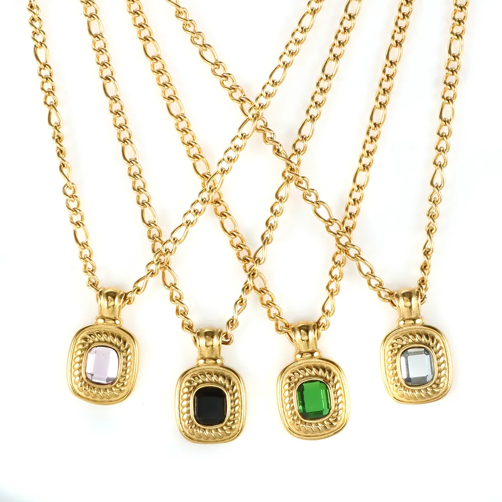 Ming Xi High Quality Square Colored Diamond Gemstone Gold Necklace Pendant Wild Clavicle Stainless Steel Fine Couples Jewelry