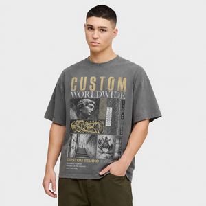 Camiseta Oversize de Fábrica para Hombre, Algodón Pesado 300GSM, Lavado Desgastado, Corte Boxy, con Logotipo Gráfico de Pedrería - Product Image 1