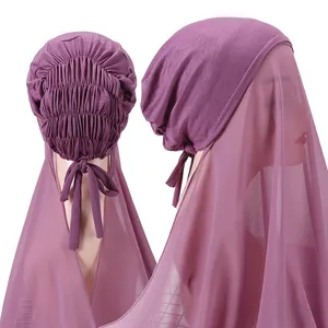 Neuankömmling muslimische Frauen Motorhaube Chiffon Hijab Kopftuch Jersey Baumwolle Innen kappe mit Chiffon Stirnband Stretch Hijab