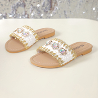 Chaussons plats pour filles, mode estivale, élégance, bord brut doré, design de fleurs en cristal scintillant, pantoufles pour enfants