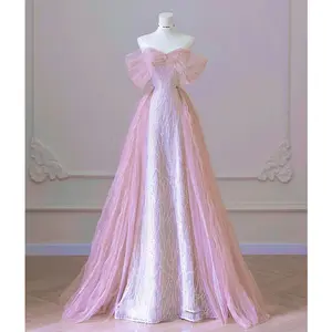 ZX-1901批发地板长度闪亮粉色亮片晚礼服露肩系带a线女式舞会礼服