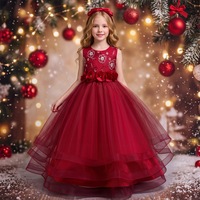 Robe de princesse en tulle rouge bordeaux brodée en 3D pour filles, robe de demoiselle d'honneur pour Noël
