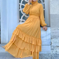 Vestido Musulmán Largo en Capas, Estilo Marroquí, Color Amarillo, Chiffon, OEM ODM, Ropa Islámica, Ropa Étnica para Mujer