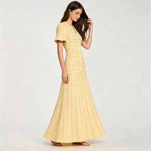 <strong>Women's</strong> <strong>Yellow</strong> Textured Knit Mixi <strong>Dress</strong> Short Sleeve Button-Front A-Line <strong>Dress</strong> Elegant Round <strong>Dresses</strong> for <strong>Women</strong> - Product Image 4